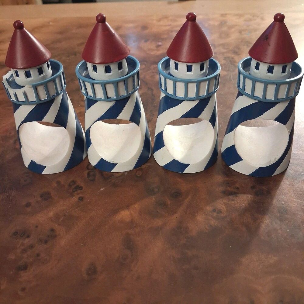 set of 4 wooden lighthouse napkin rings nautical coastal blue white table decor